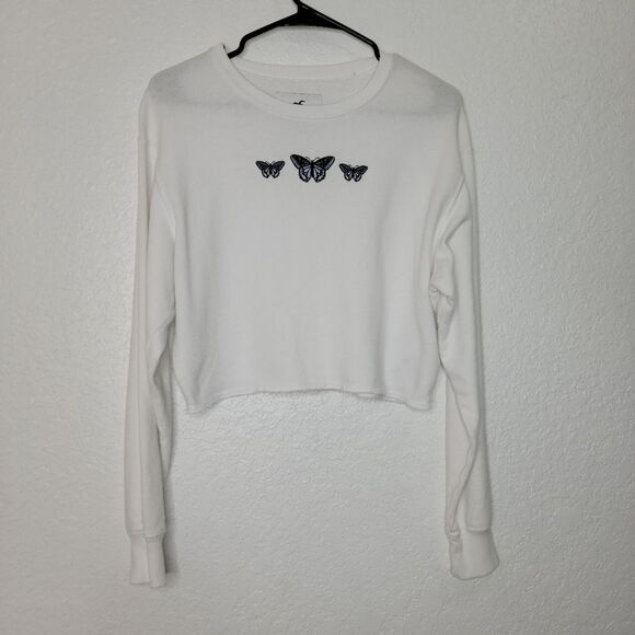 Hollister Size S White Embroidered Butterfly Crew Neckline Cropped Sweatshirt - Picture 2 of 7